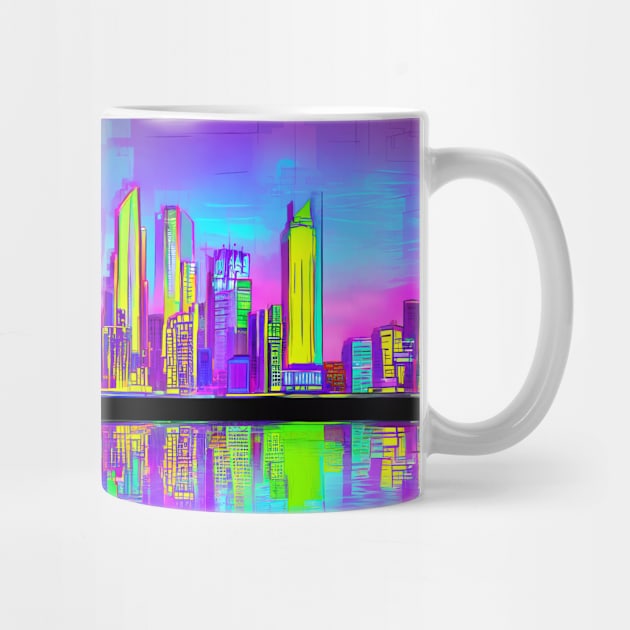 Neon cityscape across the water by Virtually River